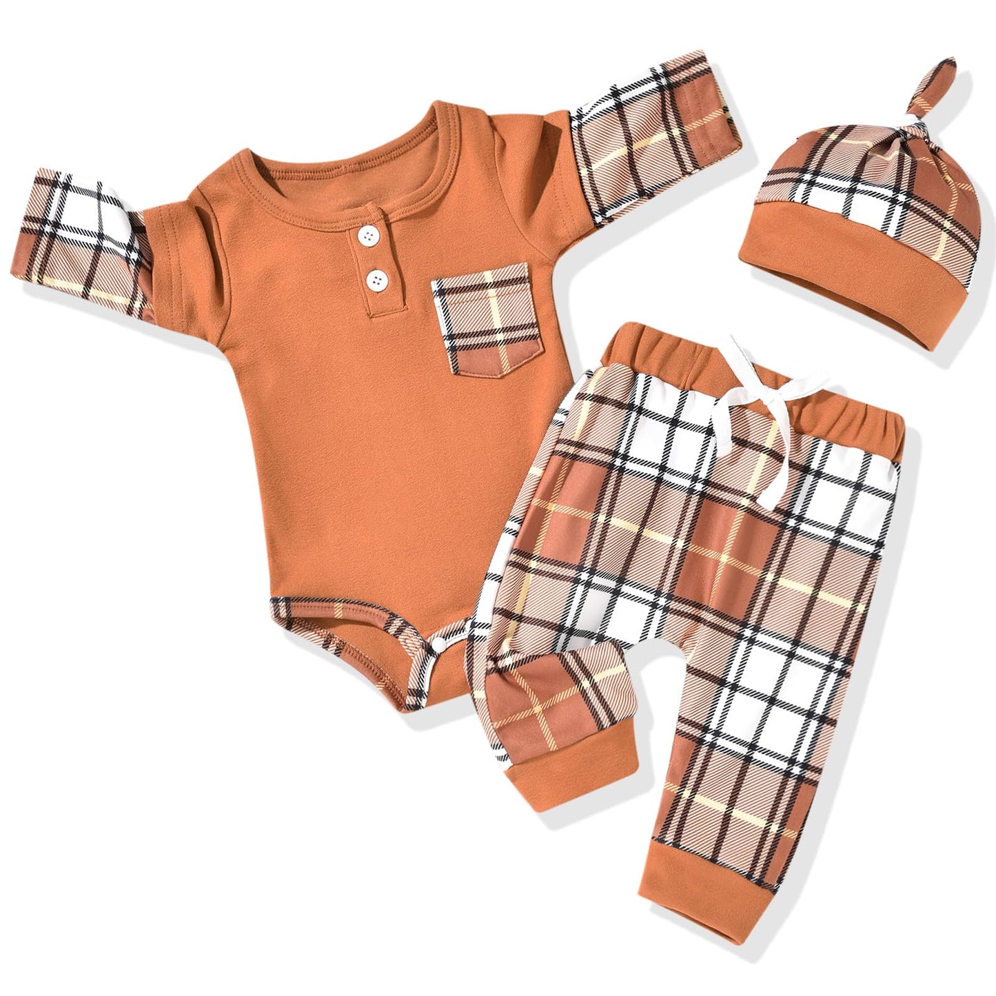 Aalizzwell Baby Boy Outfit 3-6 Months Infant Fall Winter Clothes Buffalo Plaid Pullover Sweatsuit Warm Spring Clothing Khaki