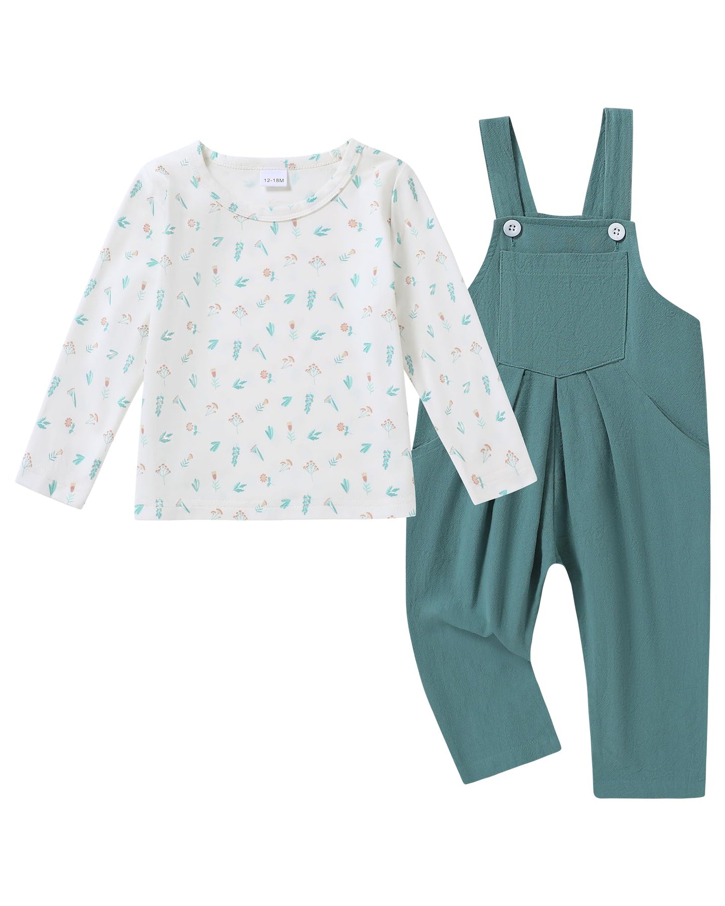 ZOEREA Toddler Girl Clothes 1-5T Baby Girl Outfits Fall Winter Stripe Floral Long Sleeve Top+Bib Overall Pants 2Pcs Clothing(L Light green-print18-24 Months)