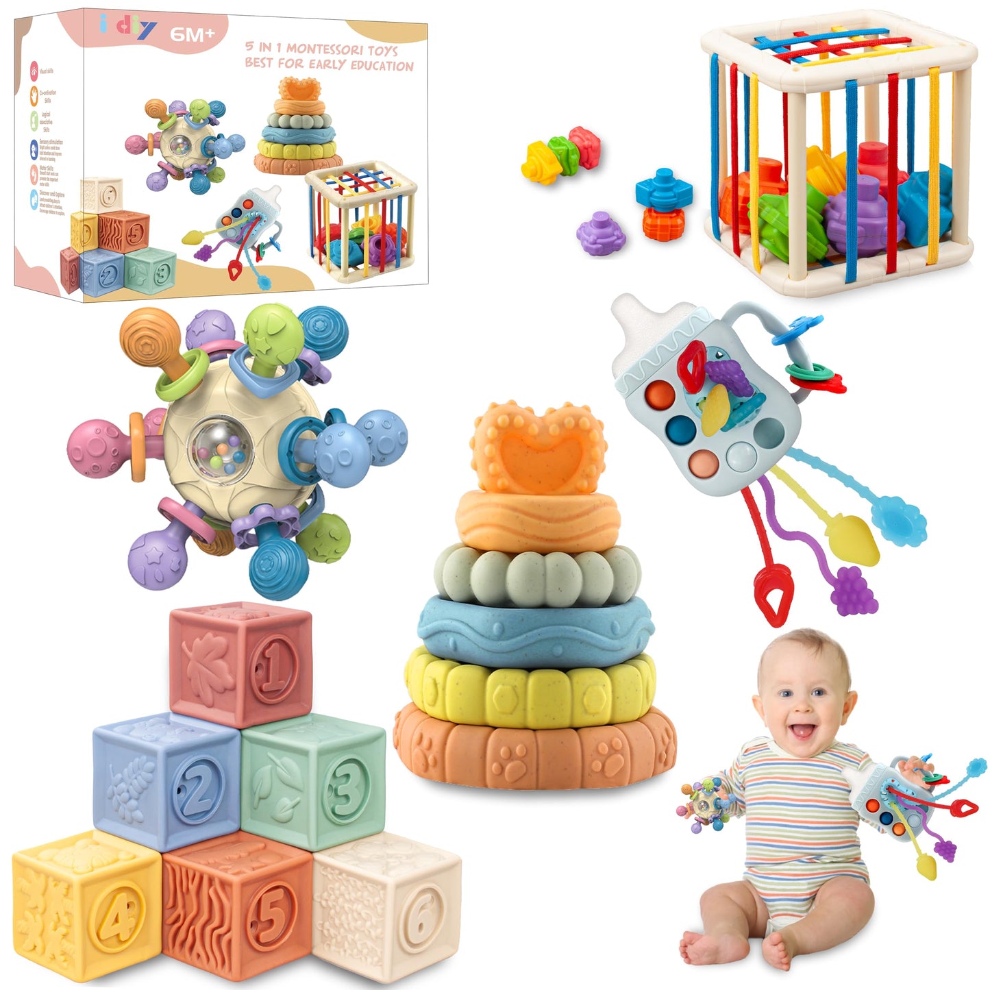 i diy Baby Toys 0-6-12 MonthsMontessori Toys for babise 0-6-12-18 MonthsIncl Pull String Toy & Shape Sorter & Stacking Baby Block & Manhattan Ball & Baby BlocksïŒMontessori Baby Toys for 1 + Year