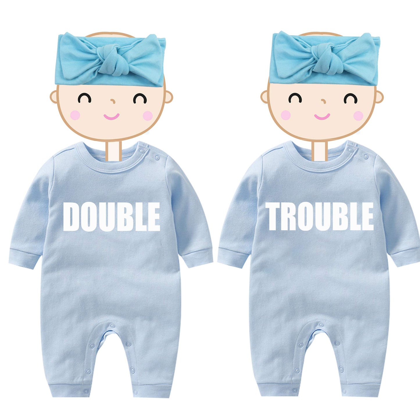 AOUYOA Baby Twins Bodysuits Newborn Baby Boy Outfit Funny Double Trouble Clothing Girl Romper With Hat（BLUE HAIR BAND 9M）