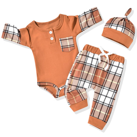 Aalizzwell Baby Boy Outfit 3-6 Months Infant Fall Winter Clothes Buffalo Plaid Pullover Sweatsuit Warm Spring Clothing Khaki