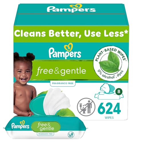 Pampers Free & Gentle Baby Wipes 99% Water Hypoallergenic Unscented 100% Plant Based Plastic-Free Baby Wipes 624 Baby Wipes Total (8 Flip-Top Packs)