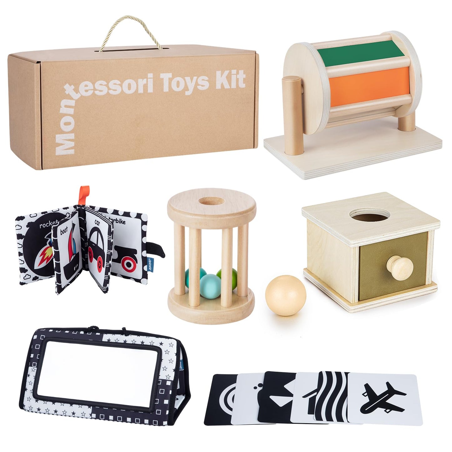 Early Learning Toy for 0-6 Months Montessori Baby Toys 6 in 1 Learning Educational Set - Object Permanence Box Baby Roller Spinning Drum Black and White High Contrast Baby Toys Tummy Time Mirror