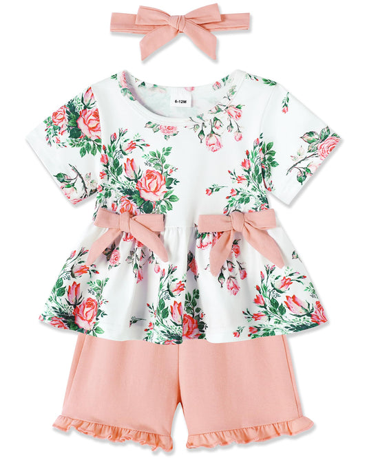 YALLET Toddler Baby Girl Clothes Summer Outfits Set Short Sleeve T-Shirt+Casual Shorts+Headband 3Pcs Infant Girl Clothing(Pink 6-12 Months)
