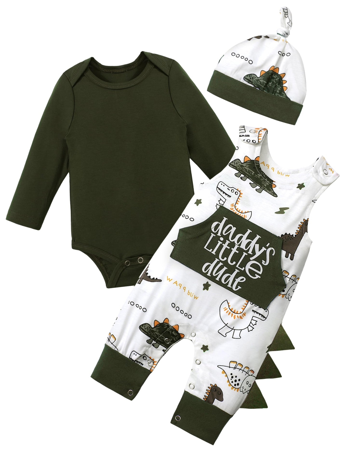 Aulyffo Baby Boy Clothes 3-6 Months Infant Boy Clothes 3Pcs Baby Boy Outfits Long Sleeve Green Baby Boy Romper Dinosaur Clothes Baby Boy Overalls with Hat