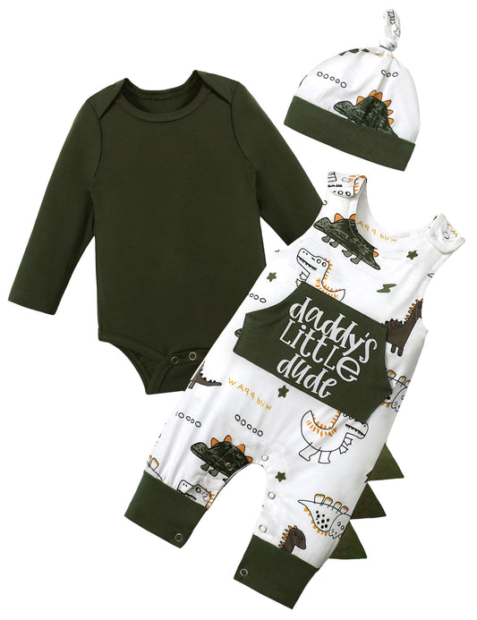 Aulyffo Baby Boy Clothes 3-6 Months Infant Boy Clothes 3Pcs Baby Boy Outfits Long Sleeve Green Baby Boy Romper Dinosaur Clothes Baby Boy Overalls with Hat