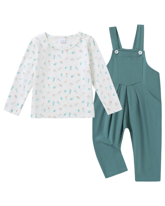 ZOEREA Toddler Girl Clothes 1-5T Baby Girl Outfits Fall Winter Stripe Floral Long Sleeve Top+Bib Overall Pants 2Pcs Clothing(L Light green-print18-24 Months)