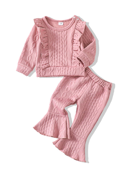 SUNNY PIGGY 12-18 Month Baby Girl Clothes 9 Month Toddler Girl Outfits Ruffle Infant Baby Girl Fall Winter Clothing Flared Pants Set Long Sleeves Shirt +Headband Pink