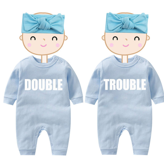 AOUYOA Baby Twins Bodysuits Newborn Baby Boy Outfit Funny Double Trouble Clothing Girl Romper With Hat（BLUE HAIR BAND 9M）