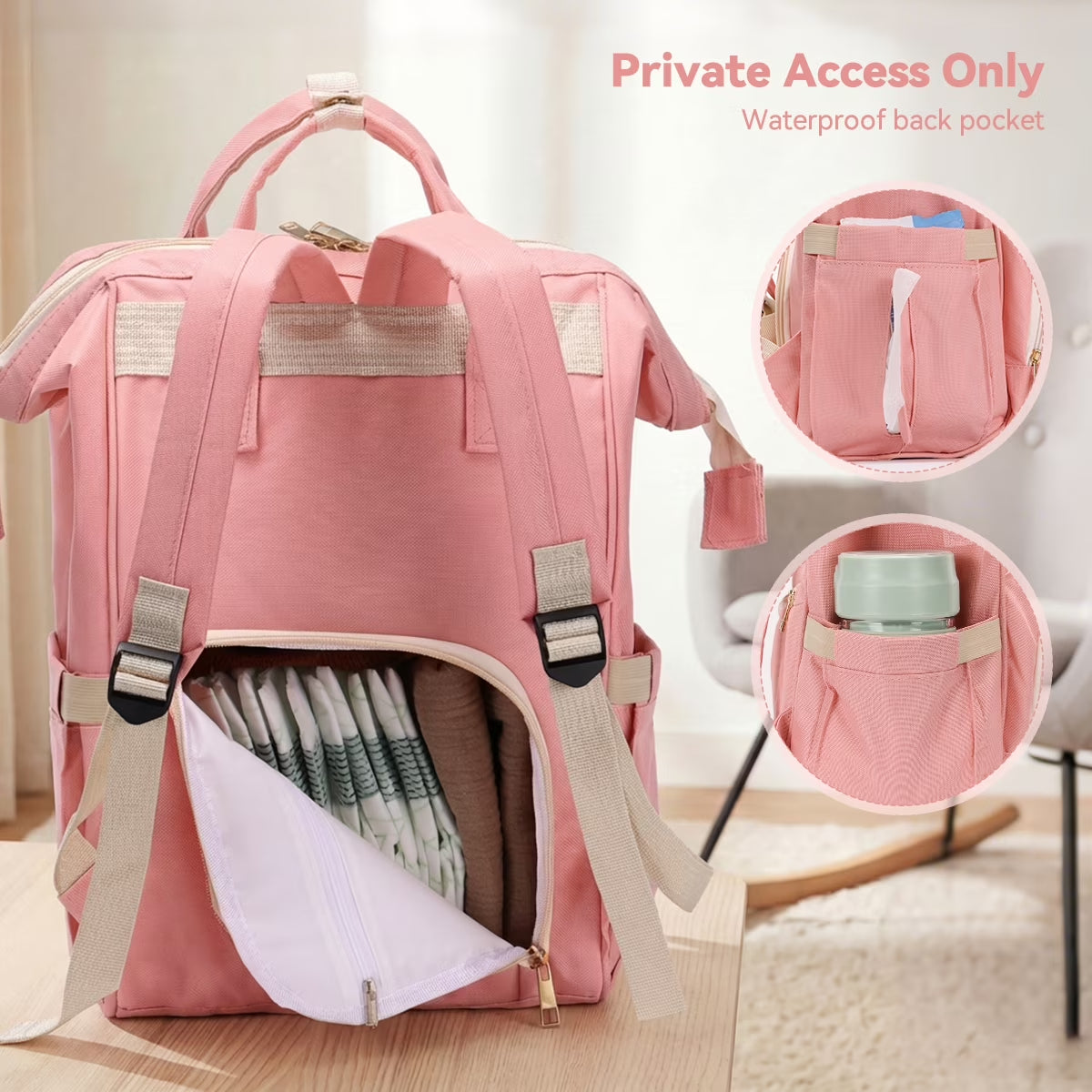 Diaper Bag Backpack, Multifunctional Mommy Nappy Bags with Insulated Pockets, Waterproof, Large Capacity, Pink