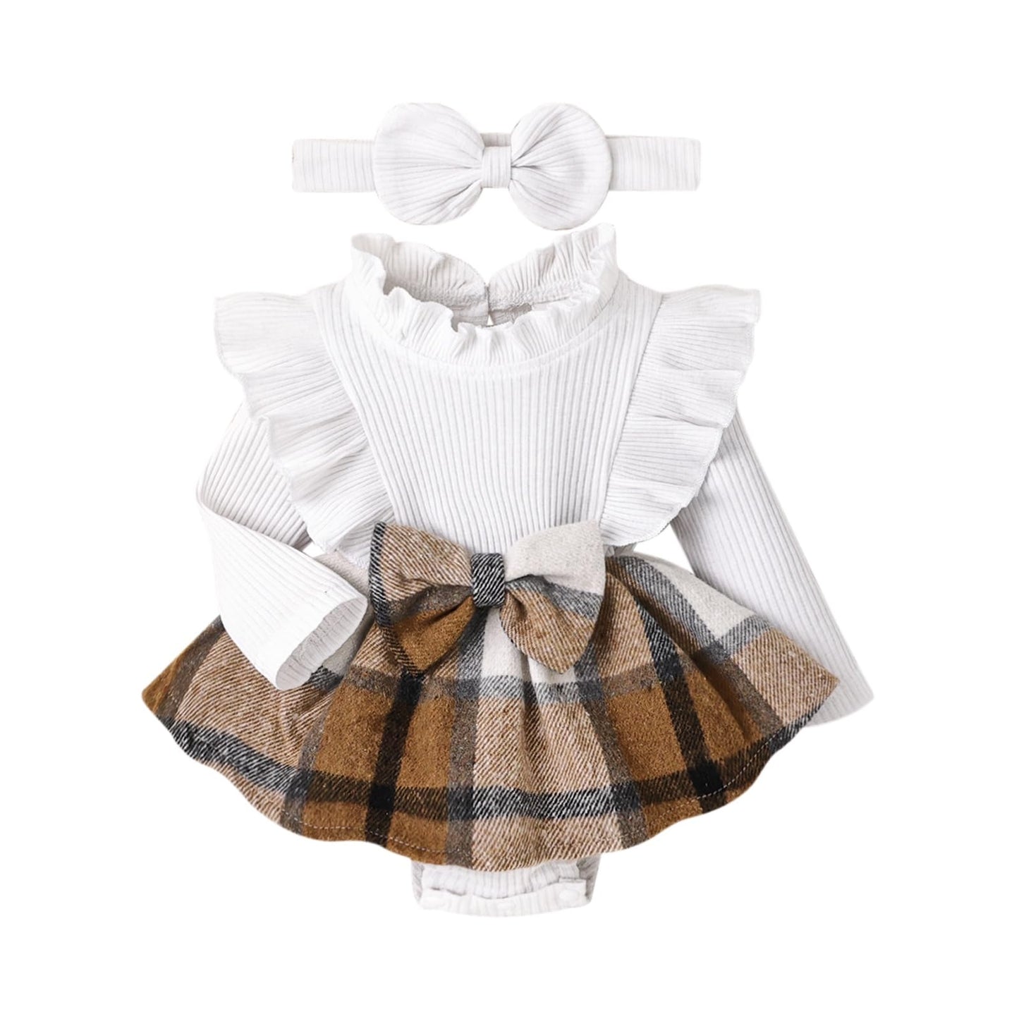 DOMOABEI Baby Girl Clothes 6-9 Months Fall Winter Outfit Ruffles Rompers Plaid Dress Long Sleeve Jumpsuit Baby Girls Clothing Bodysuit Bows Headband White 6-9 Months