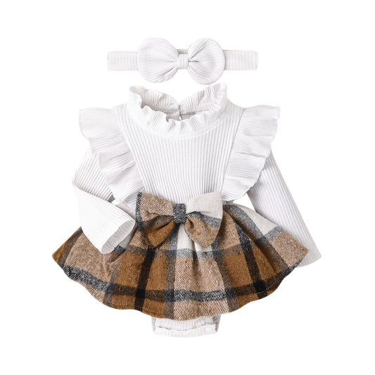 DOMOABEI Baby Girl Clothes 6-9 Months Fall Winter Outfit Ruffles Rompers Plaid Dress Long Sleeve Jumpsuit Baby Girls Clothing Bodysuit Bows Headband White 6-9 Months